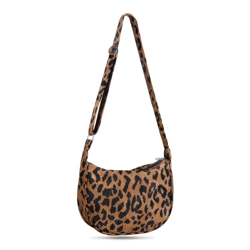 FITDON Halbmond Tasche Damen Crossbody Schultertasche, Hobo Casual Crossbody Bag Cord Umhängetasche mit verstellbarer Schultergurt, Leopard