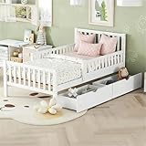 Bellemave Twin Bed Frame with Storage Drawers & Guardrails on 2 Sides, Solid Wood Platform Kids Twin Bed with Drawers & Slats for Bedroom, Space Saving Twin Beds for Kids, No Box Spring Needed, White