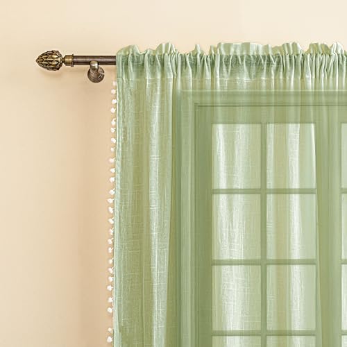 HOMEMONDE Premium Cotton 9 Feet Curtain Sheer Semi Transparent Drapes for Living Room, 2 Sides Border Pompoms, Rod Pocket Top Style - Mint Green