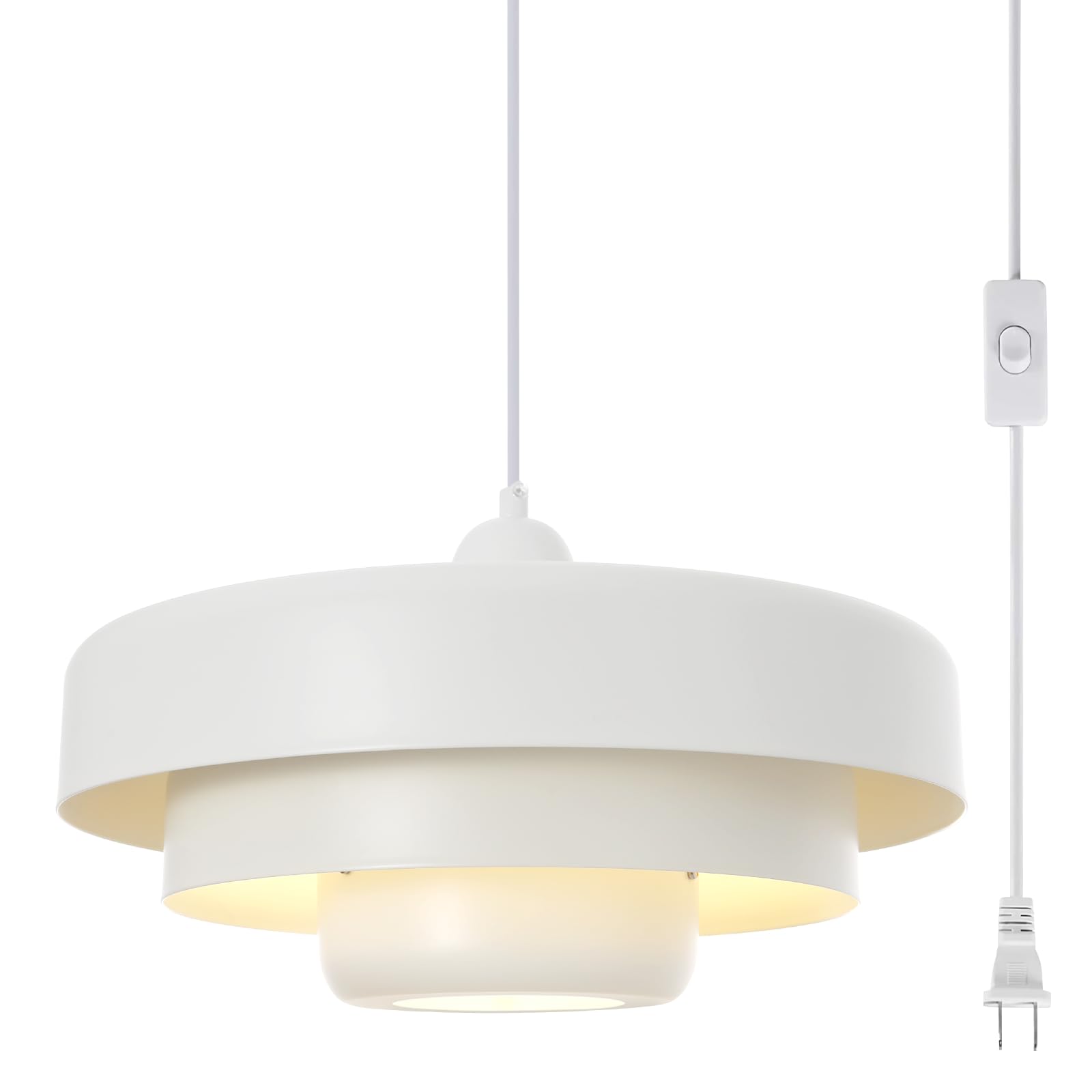 Qepeety Hanging Lamp Plug in White Pendant Light Fixtures Mid Century Modern Pendant Lamp with 3-Layer Metal Shade Plug in Hanging Light for Kitchen