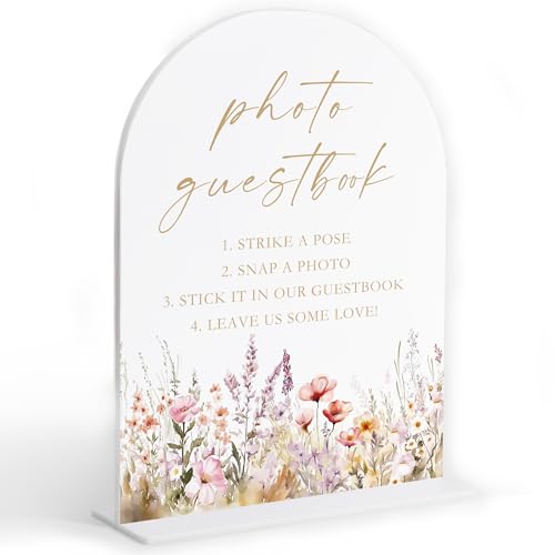 Boho Floral Wedding Photo Guestbook Sign, Wedding Reception Table Decorations, Arched Acrylic Table Sign with Base for Bridal Shower Parties, Engagement Party Decor, Anniversary Party Supplies, 12