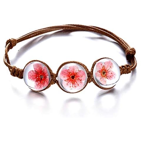 RINHOO Handmade Dry Pressed Flower Cherry Blossom Gemstone Glass Cover Charms Adjustable Rope Strand Bangle Bracelet Women Jewelry(Red) Cover