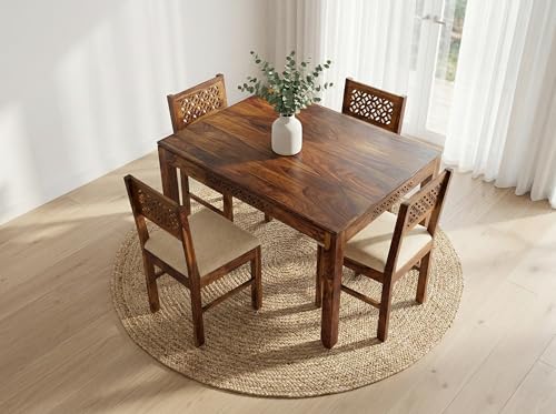 Image of RECTART Solid Wood Dining Table Set with Chairs for Living Room Home | Wooden Dining Room Sets Furniture for Hotels and Restaurants | (CNC-Cream-N, 4 Seater)