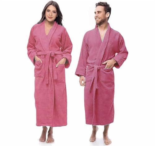 ARC HOME 100% Cotton Terry Bathrobe for Women & Men, Luxury Spa & Hotel-Style Terry Cloth Unisex Robe With Shawl Collar - Pink