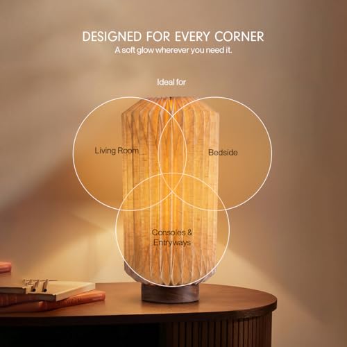 Image of FIG Living Mini Serenity Table Lamp | European Linen Lampshade with Mango Wood Base | Patented Design | Ideal Lamp for Living Room Decoration, Bedroom, Office | 2.5m Cord | Wedding Gift