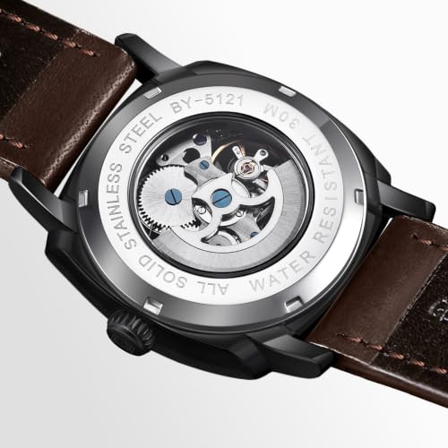 Image of Benyar Automatic Watches for Men | Skeleton Mechanical Leather Strap Mens Watch | 45mm Dial | 30M Waterproof | Men's Stylish Gift