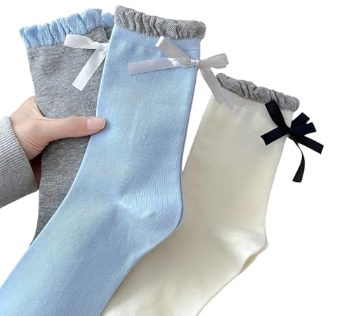 Image of Women's Bow Crew Socks - Cotton Sweet Lolita Dress Breathable Soft Girls' Socks - 3 Pairs
