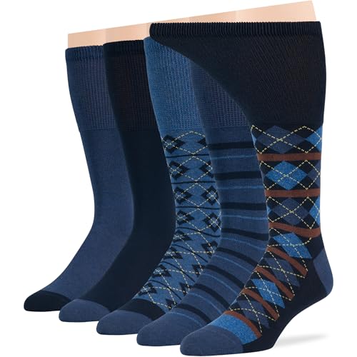 7BigStars Men Diabetic Loose Dress Business Cotton Mid Calf Socks - 5 Pack Big Tall - Geometric, Argyle, Stripe - Sock Size 13-15 Shoe Size 12-15 XL Dark Navy, Denim Blue