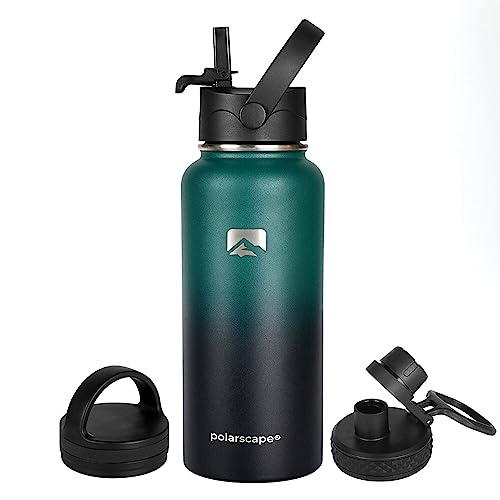 Polarscape Stainless Steel Insulated Water Bottle with Straw, Metal Water Bottle, Includes 3 Lids, 2 Straws, and Straw Brush