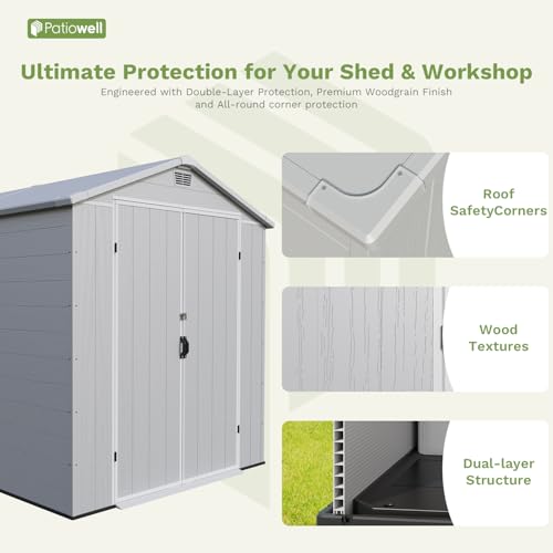 Image of Patiowell 6X10 FT Plastic Outdoor Storage Shed with Lockable Door and Floor, Resin Garden Tool Shed with Window, Waterproof Easy Assembly for Backyard, Lawn, Patio Furniture Storage (Light Grey)