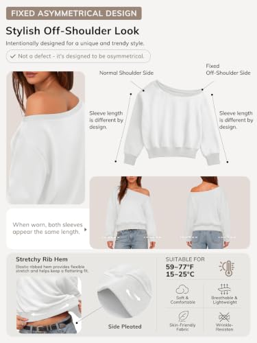 ATHMILE Womens White Off the Shoulder Sweatshirt Crop Top Long Sleeve Pullover Comfy Sexy Y2K Casual Fall Outfits 2026 — view 3