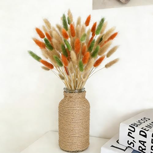 66 PCS Getrocknete Pampasgrasdekoration, Pampasgras-Bouquet, Natürlich Getrocknete Pampas, für Hochzeits Boho Tischdekoration rustikale Bauernhaus-Party Baby-Dusche(Orange und Grün Trikolore)