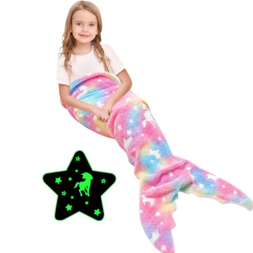 Ranedo Mermaid Tail Blanket for Girls Glow in The Dark Unicorn Flannel Throw Soft All-Season Wearable Snuggle Blanket Gift for Kids & Teens 140cm x 60cm (Pink)