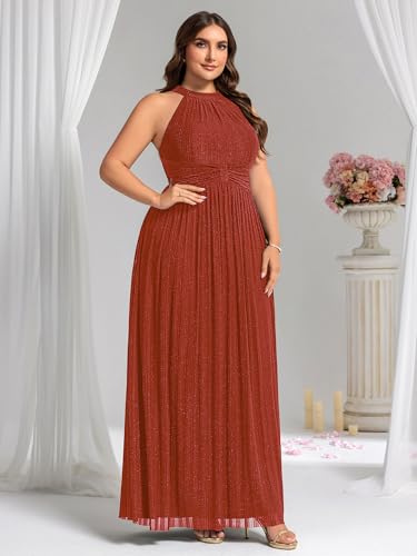 Image of Ever-Pretty Plus Women's Floor Length A-Line Halter Sleeveless Pleated Glitter Plus Size Formal Dress Evening Gown