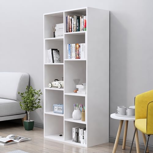 Image of Bniture 10 Tier Engineered Wood Open Book Shelf Wooden Bookshelf for Home, Kids Room & Study Room | Multipurpose Free Stand Corner Book Organizer for Library Room, Office | Frosty White