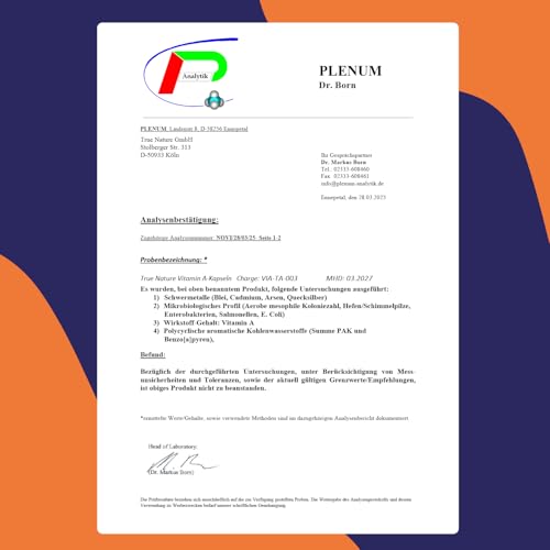 Vitamin A – 365 Tabletten (3.000 µg) – Retinol hochdosiert (10.000 I.E.) – Vit A Kapseln Alternative – Direkt verwertbare Form – Vegan, ohne Zusätze, deutsche Produktion – TRUE NATURE®