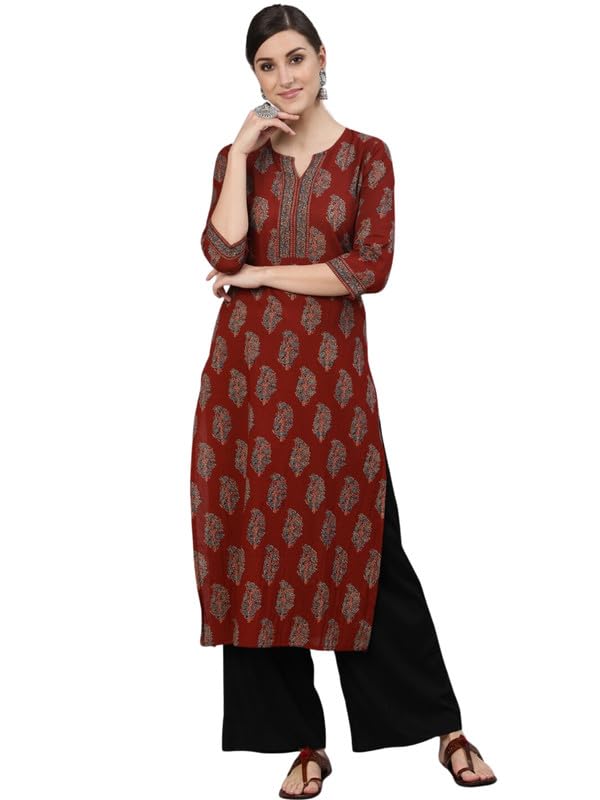 jsimar Rayon Printed Straight Single Long Kurti for Women | Ethnic Casual Kurta |Boat Neck | 3/4 Sleeves Kurta | Regular Fit | Casual Wear Kurti for Women-picture-10