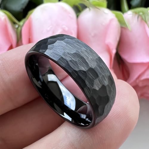 TUTISS 8mm Black Hammered Tungsten Carbide Rings for Men Women Engagement Wedding Bands Domed I Love You Engraved Comfort Fit Size 12 by TUTISS - Used condition - Image 2