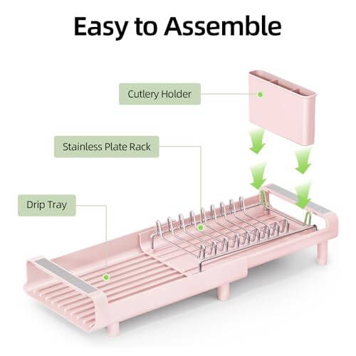 Image of TOOLF Small Dish Drying Rack, Mini Expandable Compact Dish Rack, Slim Extendable Stainless Steel Dish Drainer for Kitchen Plate Storage, Space Saving Dish Strainer in Sink or on Home Countertop, Pink
