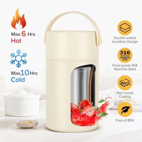 Image of 500ml Insulated Soup Container with Folding Spoon & Carry Handle | Leak-Proof Stainless Steel Food Jar | Keeps Food Hot 6 Hrs & Cold 10 Hrs | BPA-Free, Wide Mouth, Travel Lunch Box (White)