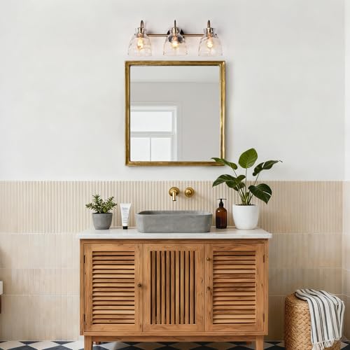 Image of KSANA Modern Bathroom Light Fixtures, Vintage 3 Light Vanity Lights Over Mirror Black and Electroplated Brass Bathroom Vanity Light with Water Ripple Glass, 23 inch W