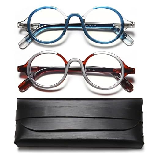 Óculos de leitura com bloqueio de luz azul – Óculos de leitura para leitura de computador, mulheres, homens, pacote com 2 unidades de óculos retro, redondos, ultraleves, reduzem a fadiga ocular + 0,75