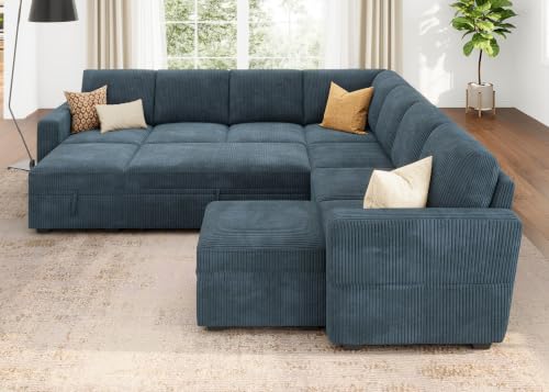 Image of HONBAY Modular Sectional Sleeper Sofa with Pull Out Couch, Corduroy Oversized Sectional Couches Pull Out Bed with U Shaped Sleeper Storage for Living Room - Blue