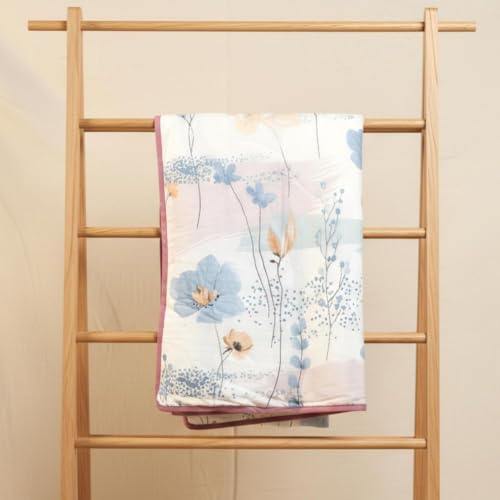 Image of LORETO - A QUALITY LINEN BRAND 100% Cambric Cotton Double Dohar 88 x 90 Inches, 3-Layer AC Blanket with Soft Cotton Flannel Filling, Summer Quilt, Reversible, Blush Breeze Floral - Blue & Peach