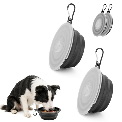 Set di 2 ciotole pieghevoli in silicone nero per cani e gatti con coperchio e moschettone – portatili e richiudibili, ideali per viaggi, passeggiate e campeggio (350 ml)