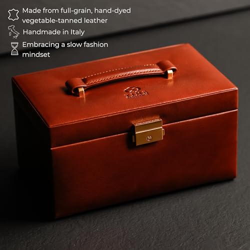 Image of Time Resistance Jewelry Box - Full Grain Leather Jewellery Organizer - Accessories Storage - Key Lock Box for Women (Cognac Brown)