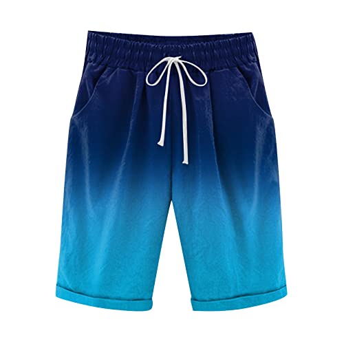 Generisch Pantalones cortos de lino para mujer, hasta la rodilla, pantalones cortos, holgados, cómodos, ligeros, transpirables, deportivos, diarios, exteriores, cortos, con cordón, estampado, azul, S - imagen 2