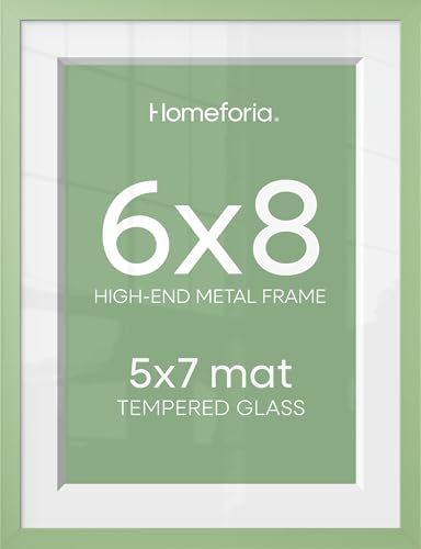 Image of Homeforia Sage Green 6x8 Picture Frame, High End Metal 6 x 8 Frames with Mat 5 x 7 for Photo, 6by8 Desk Frame Matted to 5x7 inch Art, 6 by 8 Wall or Tabletop Frames, Tempered Glass, Wall Kit, Set of 1
