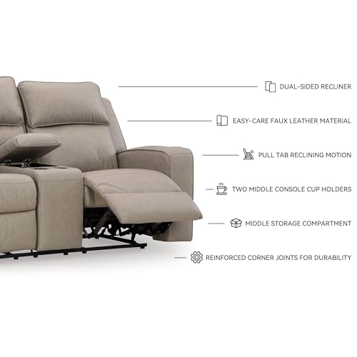 Image of Signature Design by Ashley Faux Leather Reclining Loveseat with Console | Wall hugger loveseat recliner, 4 cup holders, Heavyweight faux leather, Contemporary living room style, Lavenhorne