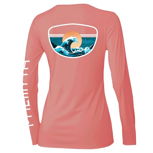 La Mejor Recopilación de Ropa de Pesca para Mujer los 5 mejores. 45 Palmyth - Camisas de pesca para mujer, UPF 50+, protección solar, manga larga, Coral / Tidal, X-Large