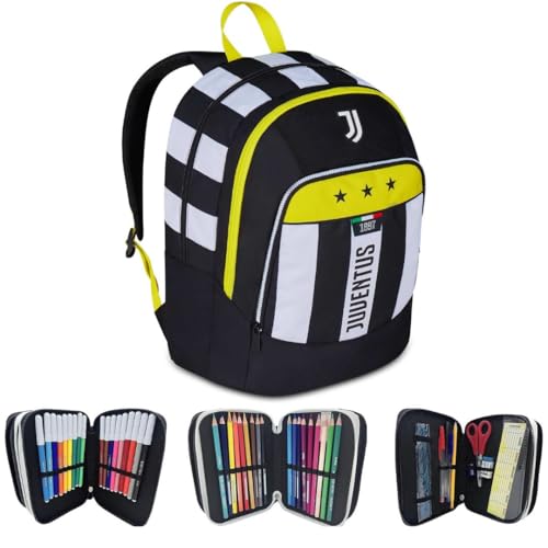 JUVENTUS Zaino scuola multiscomparto più astuccio 3 zip omaggio bianco e nero con colori a marchio