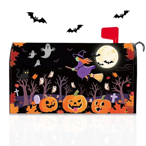 Pumpkin Mailbox Covers Magnetic 21x18 Fall Halloween Bat Post Letter Box Cover Scary Night Ghost Witch Mailbox Wrap Forest for Outside Garden Decor Fall Autumn