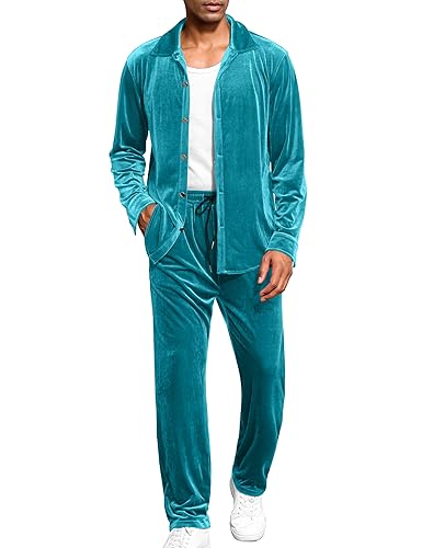 LecGee Mens Two Piece Velvet Pants Set Velour Long Sleeve Button Down Shirts Casual Tracksuit Fashion Sweatsuit(Blue,XL)
