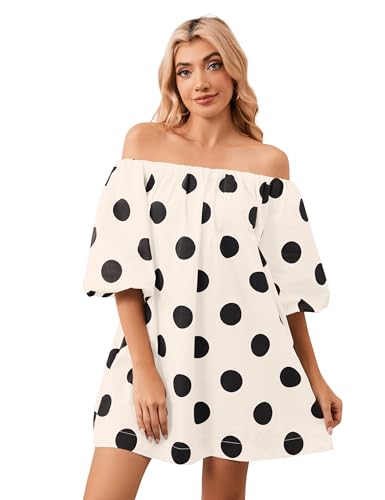 Summer Off The Shoulder Polka Dot Mini Dress Puff Sleeve Baggy Flowy Cute Babydoll Dress Casual Loose Short Dresses2