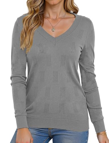 Image of Buauty Womens Fashion V Neck Long Sleeve Knitted Ribbed Pullover Sweaters Casual Lightweight Loose Fit Jumper Tops