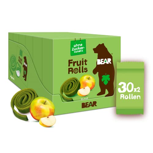 BEAR Fruchtrollen Apfel | 100% Natürliche Inhaltsstoffe | Ohne Zusatz von Zucker | Gesunder Snack für Kinder & Erwachsene | 30 Beutel x 20g | 600g, Grün