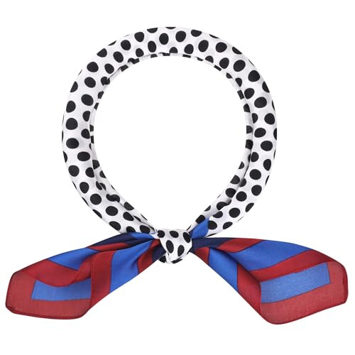 Women Polka Dots Stripes Printed Scarf, 27.6x27.6 Square Contrast Color Satin Neckerchief Neck Scarves