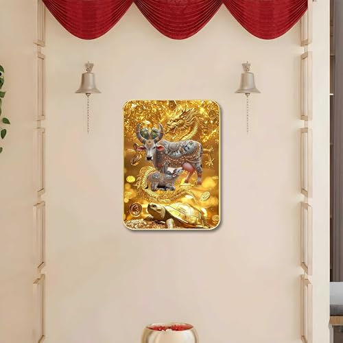 Image of SAF Kamdhenu Cow Wall Art with Table Top Stand & Wall Hanging Hole | Vastu Kamdhenu MDF Religious Painting for Wealth Prosperity Home Mandir Decor