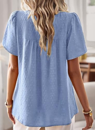 Falechay Tops For Women Casual Summer Pom Pom Short Sleeve Chiffon Babydoll Lace Hem Polka Dot Blouse Bohemian Crewneck Blue 2Xl thumb #2