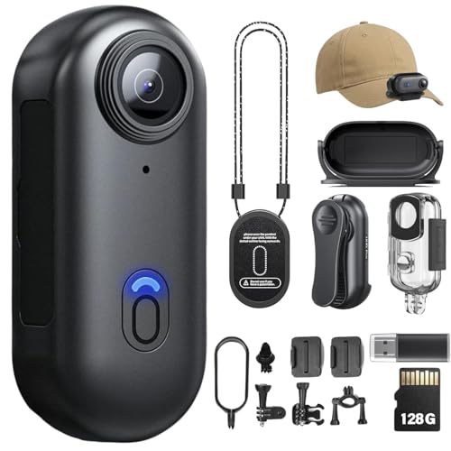 TOSBARRFT 128G 4K Daumen Action Kamera, winzige Größe, Mount überall, kleine Körperkamera mit Federclip, tragbares Vlogging, Handsfree POV Aufzeichnung, Helm Cam für Radfahren, Motorrad(4k-P-128G)