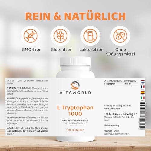 L-Tryptophan - L Tryptophan hochdosiert 1000mg je Tablette (120 vegane Tabletten) - Aminosäure aus pflanzlicher Fermentation - ohne unerwünschte Zusätze, glutenfrei und laktosefrei - vitaworld