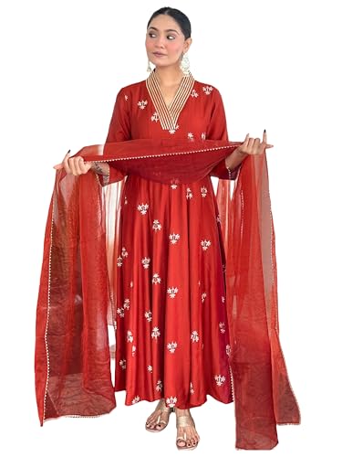 Image of ANNI Designer Women's Viscose Silk Anarkali Printed Kurta with Pant & Dupatta | Festive Ethnic Suit Set for Women | Printed Anarkali Kurti Pant Dupatta Set | Elegant for Ladies