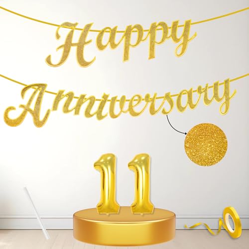 Image of Flyloons 11th Happy Anniversary Banner Gold Decorations Kit for Men Women Wedding Anniversary Banner Items without Balloons