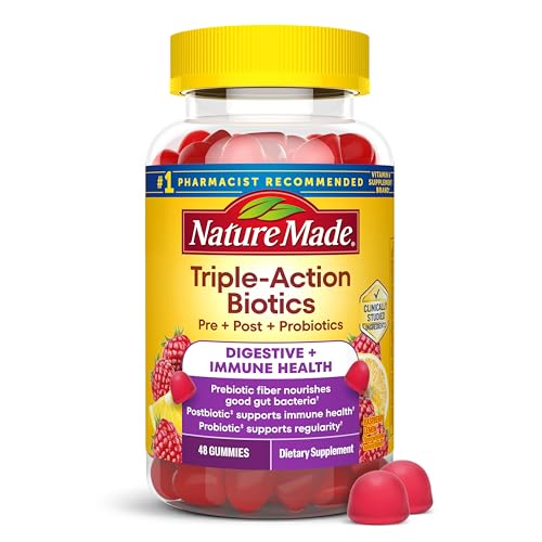 Nature Made Triple-Action Biotics Gut and Immune Health Support Digestive Probiotics for Women and Men Prebiotic Fiber Gummies 48 Gummies 24 Day Supply