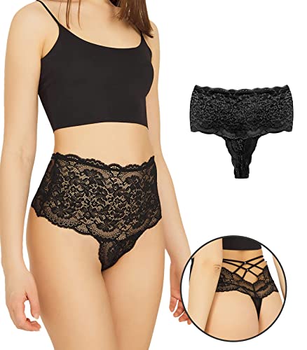 Cottonhill Underwear High Waisted Lace Panties, Sexy Thongs for Women with Elastic Criss Cross Back - Image 3