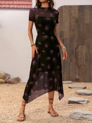Image of GothDark Women's Wedding Guest Floral Print Vintage Goth Dress Mesh Spliced Double-Layered Irregular Hemline Midi Dresses